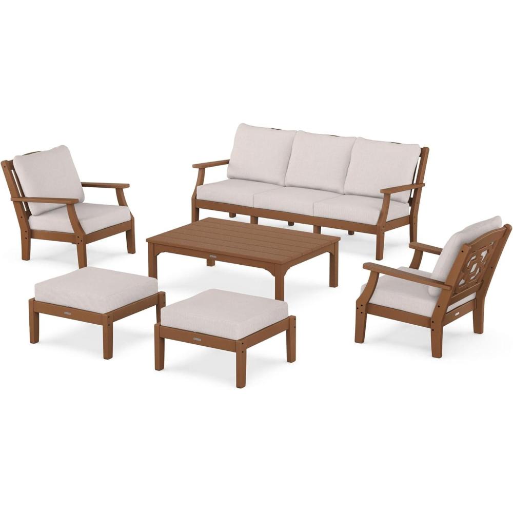 imageMartha Stewart by POLYWOOD Chinoiserie 6Piece Lounge Sofa Set in MahoganySpiced BurlapTeak Dune Burlap