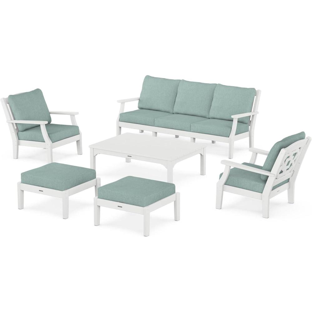 imageMartha Stewart by POLYWOOD Chinoiserie 6Piece Lounge Sofa Set in MahoganySpiced BurlapWhite  Glacier Spa