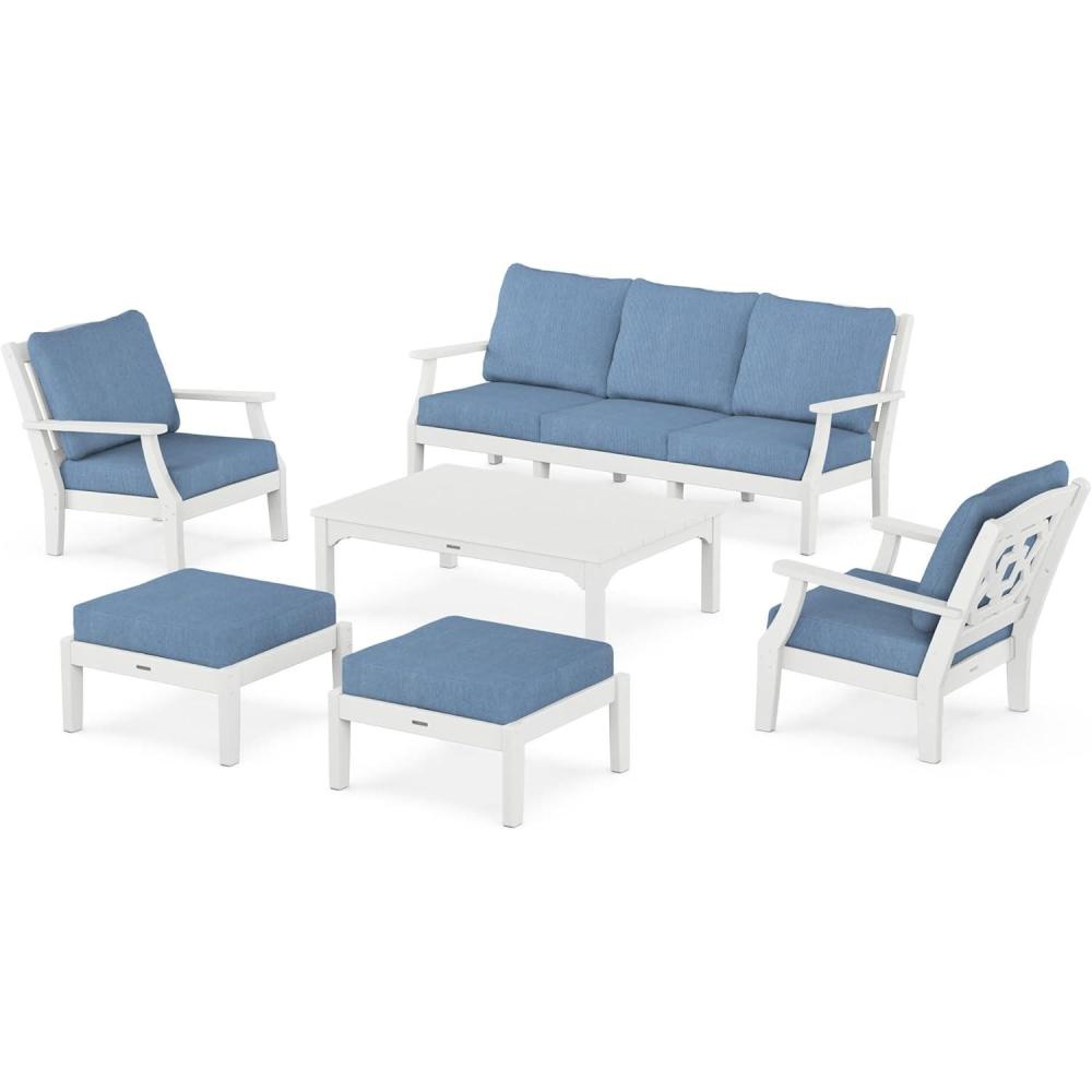 imageMartha Stewart by POLYWOOD Chinoiserie 6Piece Lounge Sofa Set in MahoganySpiced BurlapWhite  Sky Blue