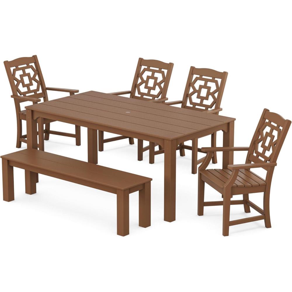 imageMartha Stewart by POLYWOOD Chinoiserie 6Piece Parsons Dining Set with Bench Exclusive in MahoganyTeak