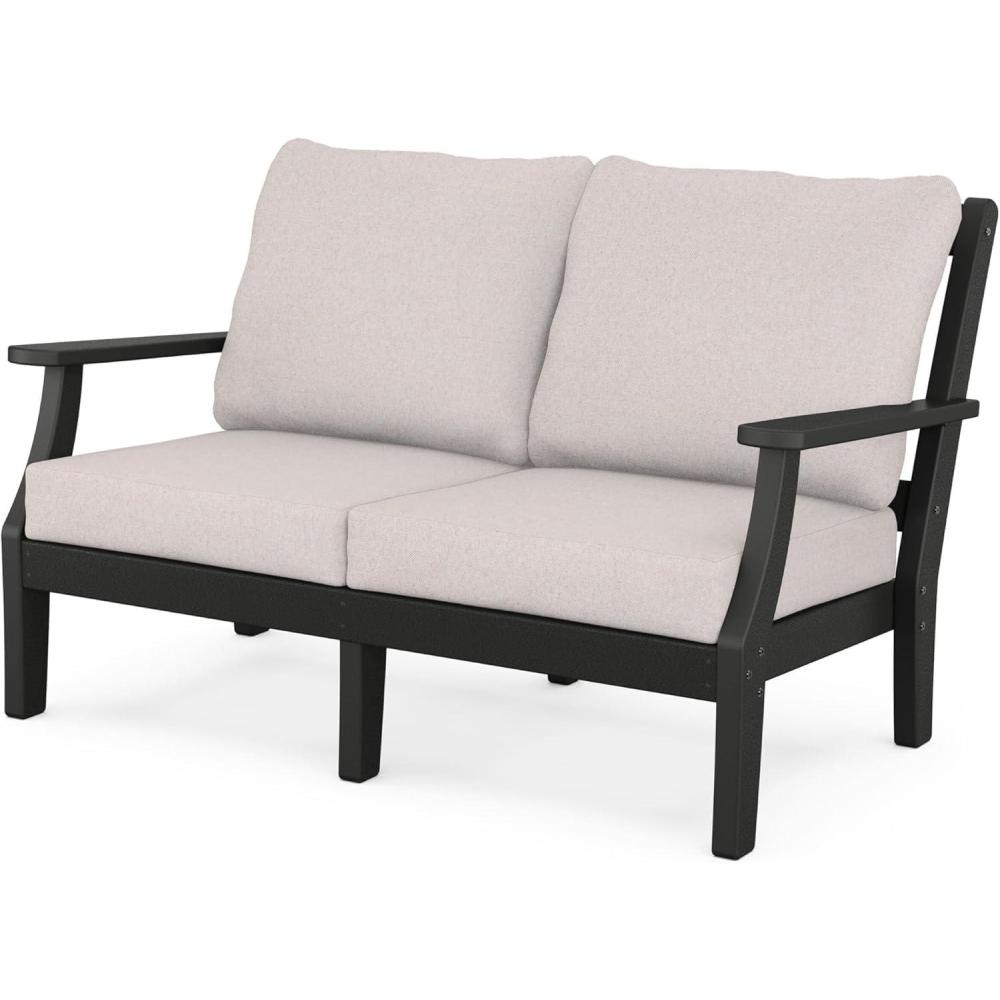 imageMartha Stewart by POLYWOOD Chinoiserie Deep Seating Loveseat in MahoganySpiced BurlapBlack  Dune Burlap