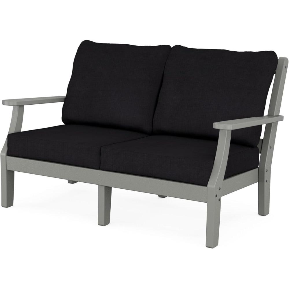 imageMartha Stewart by POLYWOOD Chinoiserie Deep Seating Loveseat in MahoganySpiced BurlapSlate Grey  Midnight Linen