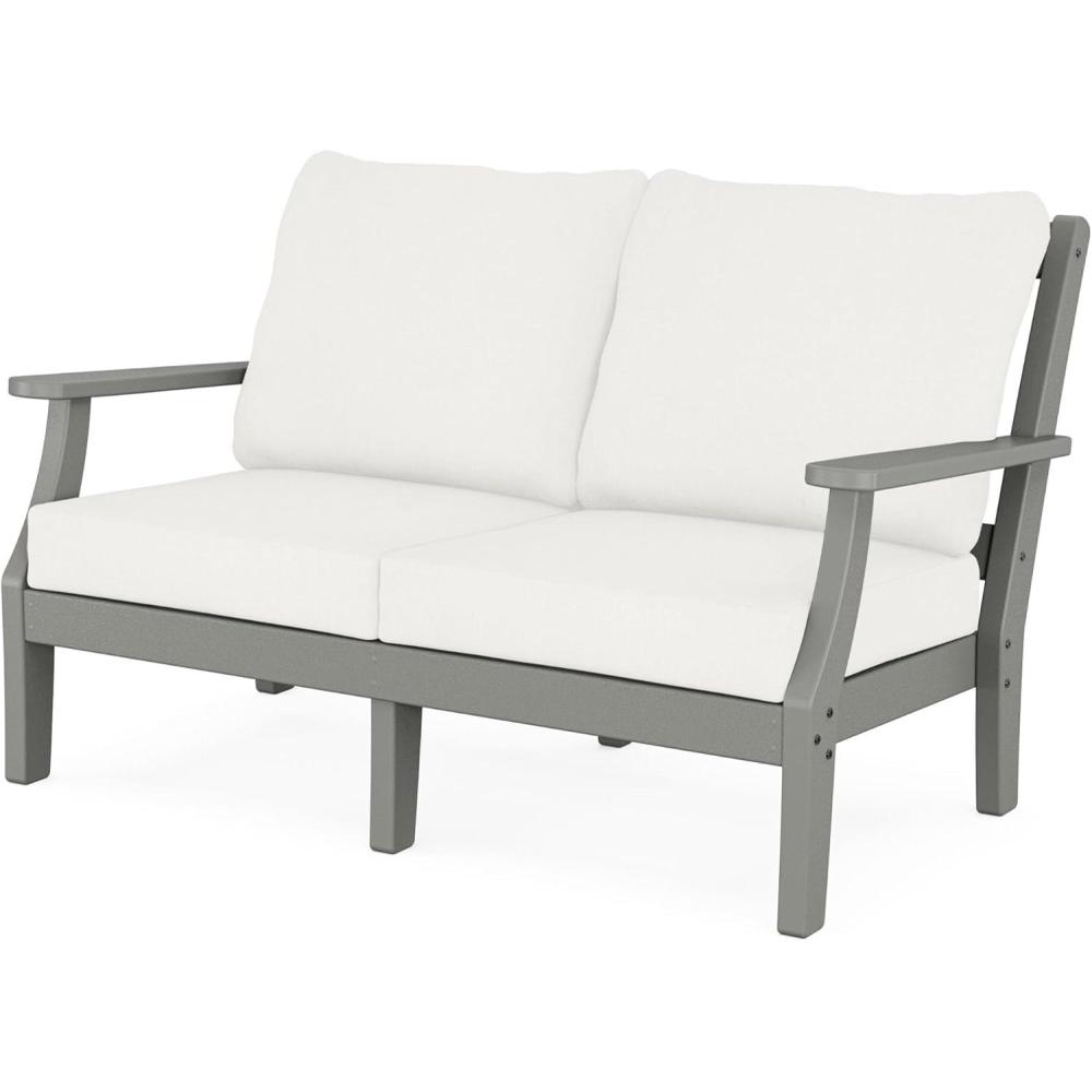 imageMartha Stewart by POLYWOOD Chinoiserie Deep Seating Loveseat in MahoganySpiced BurlapSlate Grey Natural Linen