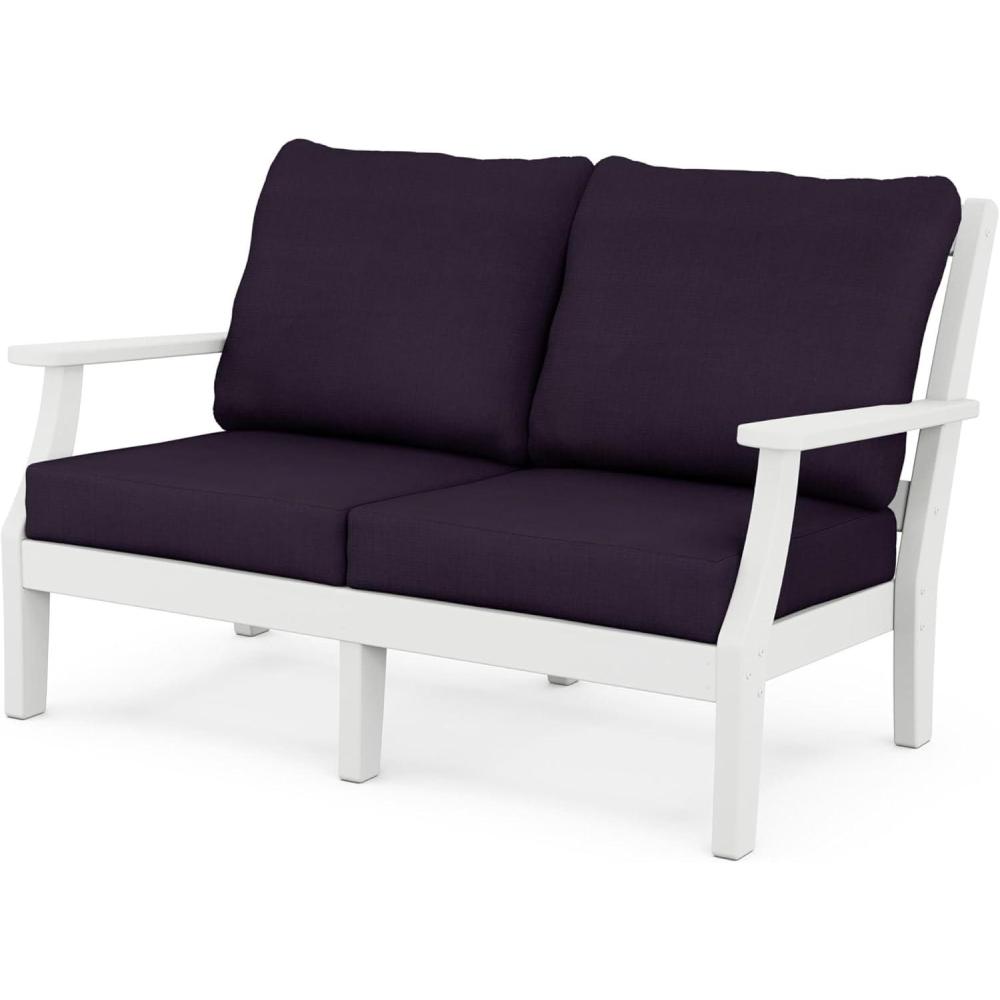 imageMartha Stewart by POLYWOOD Chinoiserie Deep Seating Loveseat in MahoganySpiced BurlapWhite  Navy Linen