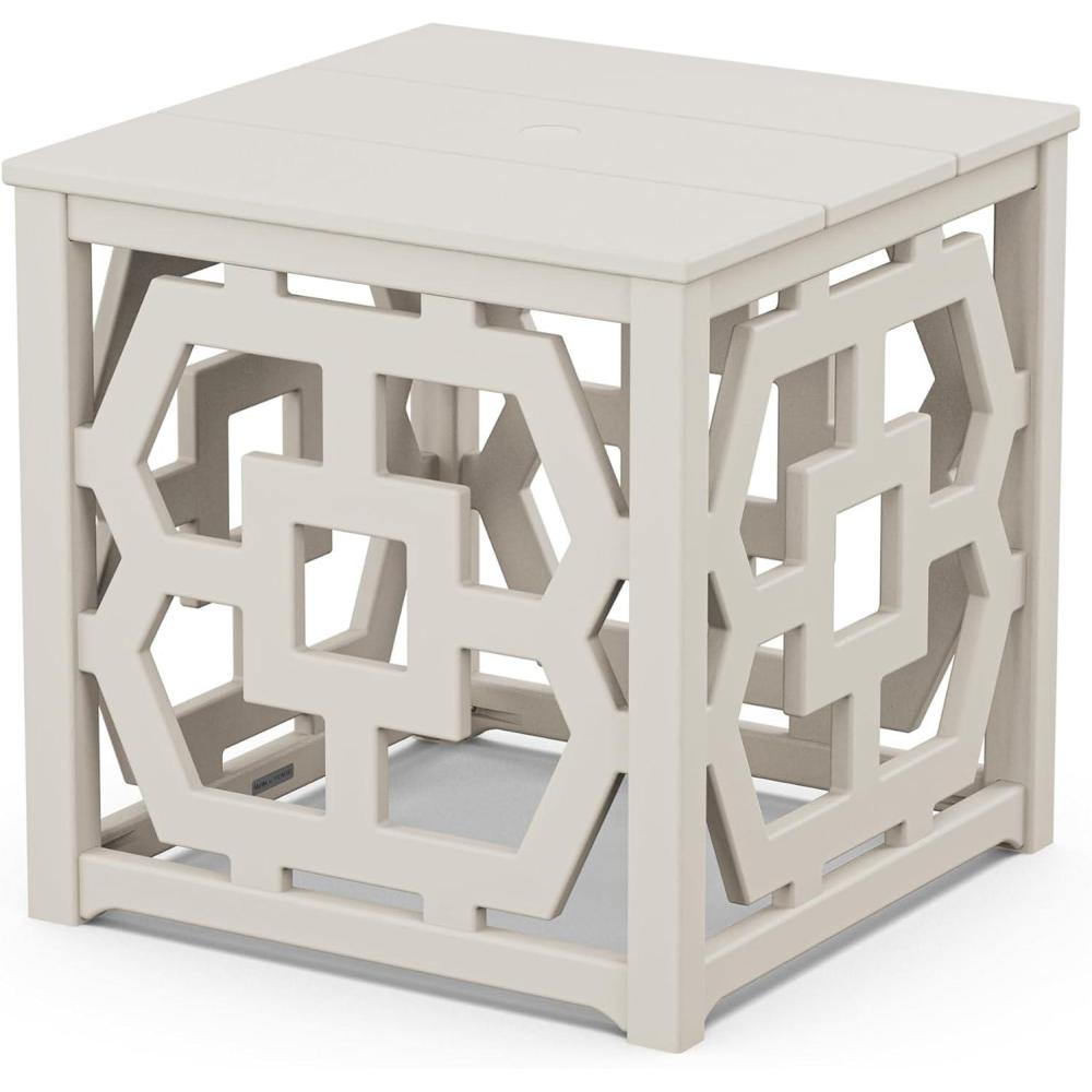 imageMartha Stewart by POLYWOOD Chinoiserie Outdoor Umbrella Stand Accent Table White Lattice 22x22 Square Durable HDPE AllWeather Small Patio Furniture for Backyard Deck Garden Made in The USASand