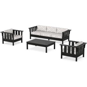 Martha Stewart by POLYWOOD® Acadia 4-Piece Deep Seating Set with Sofa in Black (Sky Blue)(Trellis Dune Burlap)