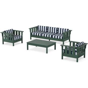 Martha Stewart by POLYWOOD® Acadia 4-Piece Deep Seating Set with Sofa in Green (Buffalo Plaid Grey Mist)(Cabana Stripe Marine Indigo)