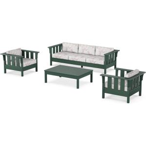 Martha Stewart by POLYWOOD® Acadia 4-Piece Deep Seating Set with Sofa in Green (Buffalo Plaid Grey Mist)(Leaf Dune Burlap)