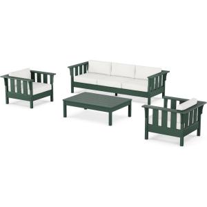 Martha Stewart by POLYWOOD® Acadia 4-Piece Deep Seating Set with Sofa in Green (Buffalo Plaid Grey Mist)(Natural Linen)