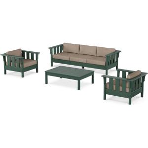Martha Stewart by POLYWOOD® Acadia 4-Piece Deep Seating Set with Sofa in Green (Buffalo Plaid Grey Mist)(Spiced Burlap)