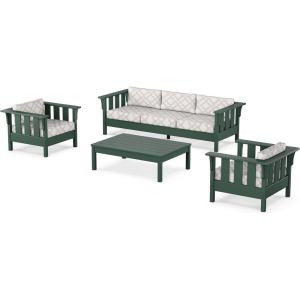 Martha Stewart by POLYWOOD® Acadia 4-Piece Deep Seating Set with Sofa in Green (Buffalo Plaid Grey Mist)(Trellis Dune Burlap)