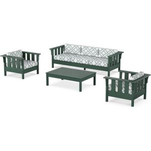 Martha Stewart by POLYWOOD® Acadia 4-Piece Deep Seating Set with Sofa in Green (Buffalo Plaid Grey Mist)(Trellis Glacier Spa)