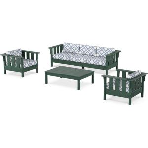Martha Stewart by POLYWOOD® Acadia 4-Piece Deep Seating Set with Sofa in Green (Buffalo Plaid Grey Mist)(Trellis Sky Blue)