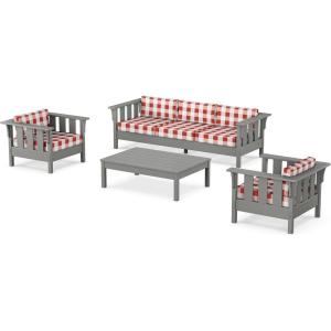 Martha Stewart by POLYWOOD® Acadia 4-Piece Deep Seating Set with Sofa in Slate Grey (Ash Charcoal)(Buffalo Plaid Crimson)