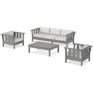 Martha Stewart by POLYWOOD® Acadia 4-Piece Deep Seating Set with Sofa in Slate Grey (Ash Charcoal)(Buffalo Plaid Dune Burlap)