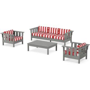 Martha Stewart by POLYWOOD® Acadia 4-Piece Deep Seating Set with Sofa in Slate Grey (Ash Charcoal)(Cabana Stripe Crimson)