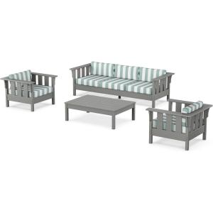 Martha Stewart by POLYWOOD® Acadia 4-Piece Deep Seating Set with Sofa in Slate Grey (Ash Charcoal)(Cabana Stripe Glacier Spa)