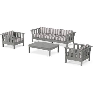 Martha Stewart by POLYWOOD® Acadia 4-Piece Deep Seating Set with Sofa in Slate Grey (Ash Charcoal)(Cabana Stripe Grey Mist)