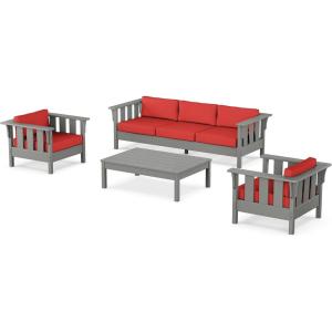 Martha Stewart by POLYWOOD® Acadia 4-Piece Deep Seating Set with Sofa in Slate Grey (Ash Charcoal)(Crimson Linen)