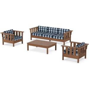 Martha Stewart by POLYWOOD® Acadia 4-Piece Deep Seating Set with Sofa in Teak (Dune Burlap)(Buffalo Plaid Marine Indigo)