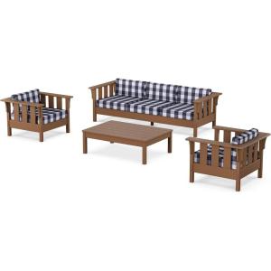 Martha Stewart by POLYWOOD® Acadia 4-Piece Deep Seating Set with Sofa in Teak (Dune Burlap)(Buffalo Plaid Navy)