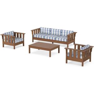 Martha Stewart by POLYWOOD® Acadia 4-Piece Deep Seating Set with Sofa in Teak (Dune Burlap)(Buffalo Plaid Sky Blue)