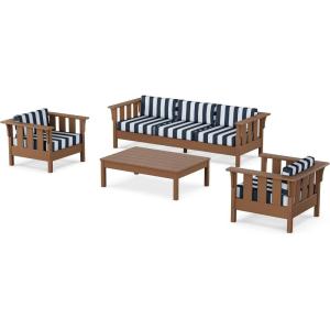 Martha Stewart by POLYWOOD® Acadia 4-Piece Deep Seating Set with Sofa in Teak (Dune Burlap)(Cabana Stripe Marine Indigo)