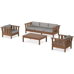 Martha Stewart by POLYWOOD® Acadia 4-Piece Deep Seating Set with Sofa in Teak (Dune Burlap)(Grey Mist)