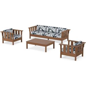 Martha Stewart by POLYWOOD® Acadia 4-Piece Deep Seating Set with Sofa in Teak (Dune Burlap)(Leaf Marine Indigo)