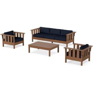 Martha Stewart by POLYWOOD® Acadia 4-Piece Deep Seating Set with Sofa in Teak (Dune Burlap)(Marine Indigo)