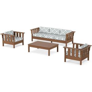 Martha Stewart by POLYWOOD® Acadia 4-Piece Deep Seating Set with Sofa in Teak (Dune Burlap)(Trellis Glacier Spa)