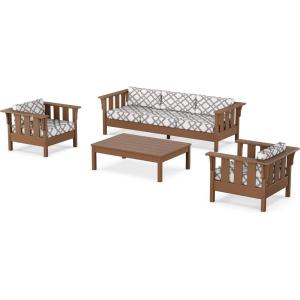 Martha Stewart by POLYWOOD® Acadia 4-Piece Deep Seating Set with Sofa in Teak (Dune Burlap)(Trellis Grey Mist)