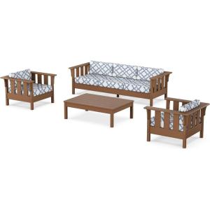 Martha Stewart by POLYWOOD® Acadia 4-Piece Deep Seating Set with Sofa in Teak (Dune Burlap)(Trellis Sky Blue)