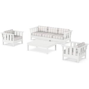 Martha Stewart by POLYWOOD® Acadia 4-Piece Deep Seating Set with Sofa in White (Trellis Sky Blue)(Buffalo Plaid Dune Burlap)