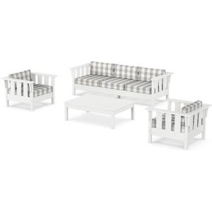 Martha Stewart by POLYWOOD® Acadia 4-Piece Deep Seating Set with Sofa in White (Trellis Sky Blue)(Buffalo Plaid Grey Mist)