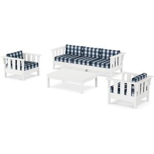 Martha Stewart by POLYWOOD® Acadia 4-Piece Deep Seating Set with Sofa in White (Trellis Sky Blue)(Buffalo Plaid Marine Indigo)
