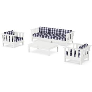 Martha Stewart by POLYWOOD® Acadia 4-Piece Deep Seating Set with Sofa in White (Trellis Sky Blue)(Buffalo Plaid Navy)
