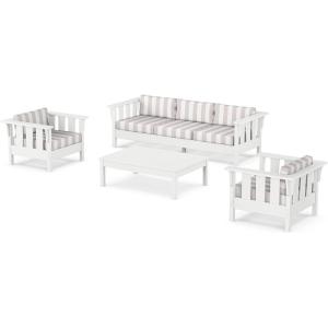 Martha Stewart by POLYWOOD® Acadia 4-Piece Deep Seating Set with Sofa in White (Trellis Sky Blue)(Cabana Stripe Dune Burlap)