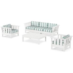 Martha Stewart by POLYWOOD® Acadia 4-Piece Deep Seating Set with Sofa in White (Trellis Sky Blue)(Cabana Stripe Glacier Spa)
