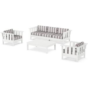 Martha Stewart by POLYWOOD® Acadia 4-Piece Deep Seating Set with Sofa in White (Trellis Sky Blue)(Cabana Stripe Grey Mist)