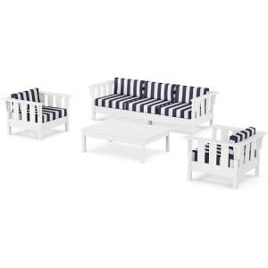 Martha Stewart by POLYWOOD® Acadia 4-Piece Deep Seating Set with Sofa in White (Trellis Sky Blue)(Cabana Stripe Navy)