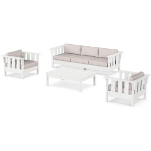 Martha Stewart by POLYWOOD® Acadia 4-Piece Deep Seating Set with Sofa in White (Trellis Sky Blue)(Dune Burlap)