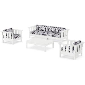 Martha Stewart by POLYWOOD® Acadia 4-Piece Deep Seating Set with Sofa in White (Trellis Sky Blue)(Leaf Navy)