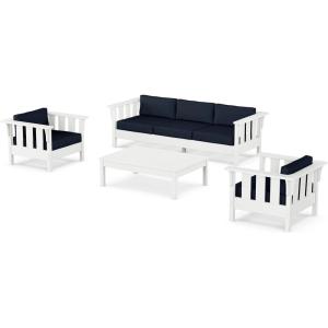 Martha Stewart by POLYWOOD® Acadia 4-Piece Deep Seating Set with Sofa in White (Trellis Sky Blue)(Marine Indigo)