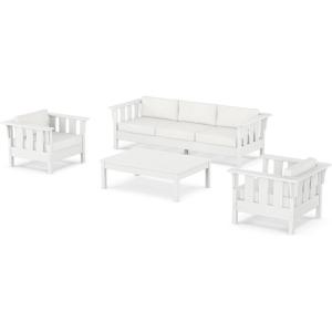 Martha Stewart by POLYWOOD® Acadia 4-Piece Deep Seating Set with Sofa in White (Trellis Sky Blue)(Natural Linen)