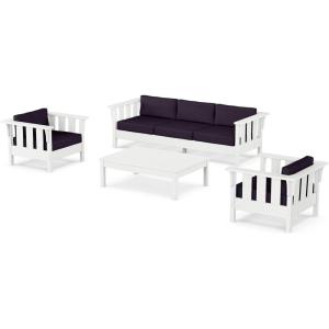 Martha Stewart by POLYWOOD® Acadia 4-Piece Deep Seating Set with Sofa in White (Trellis Sky Blue)(Navy Linen)