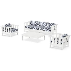 Martha Stewart by POLYWOOD® Acadia 4-Piece Deep Seating Set with Sofa in White (Trellis Sky Blue)(Trellis Marine Indigo)