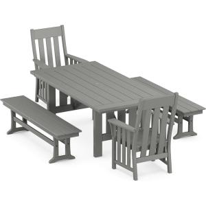 Martha Stewart by POLYWOOD® Acadia 5-Piece Dining Set with Benches in Teak(Slate Grey)