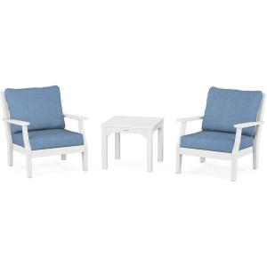 Martha Stewart by POLYWOOD® Chinoiserie 3-Piece Deep Seating Set in Mahogany/Spiced Burlap(White / Sky Blue)