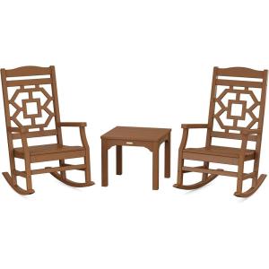 Martha Stewart by POLYWOOD Chinoiserie 3-Piece Outdoor Rocking Chair Set with Patio Side Table, Black, HDPE All-Weather Furniture, Classic Porch Rockers for Deck, Garden & Backyard, Made in The USA(Teak)